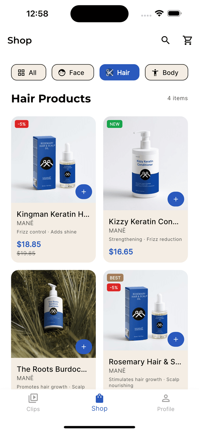 MANË shopping app product grid